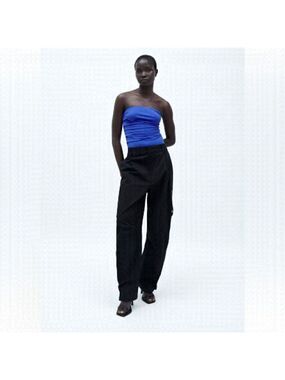ZARA RUCHED DRAPED PED STRAPLESS BODYSUIT ELECTRIC BLUE SZ L